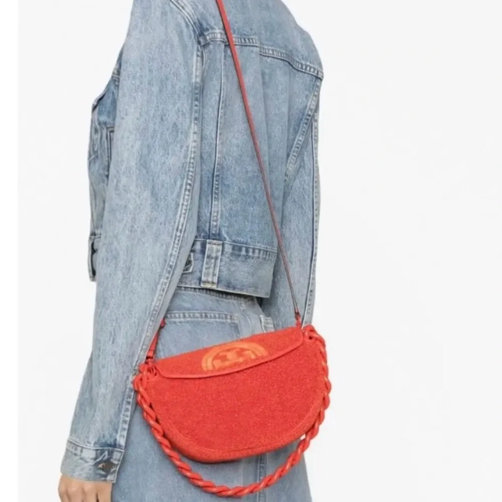 Tory Burch Mini Fleming Raffia Crescent Shoulder Bag